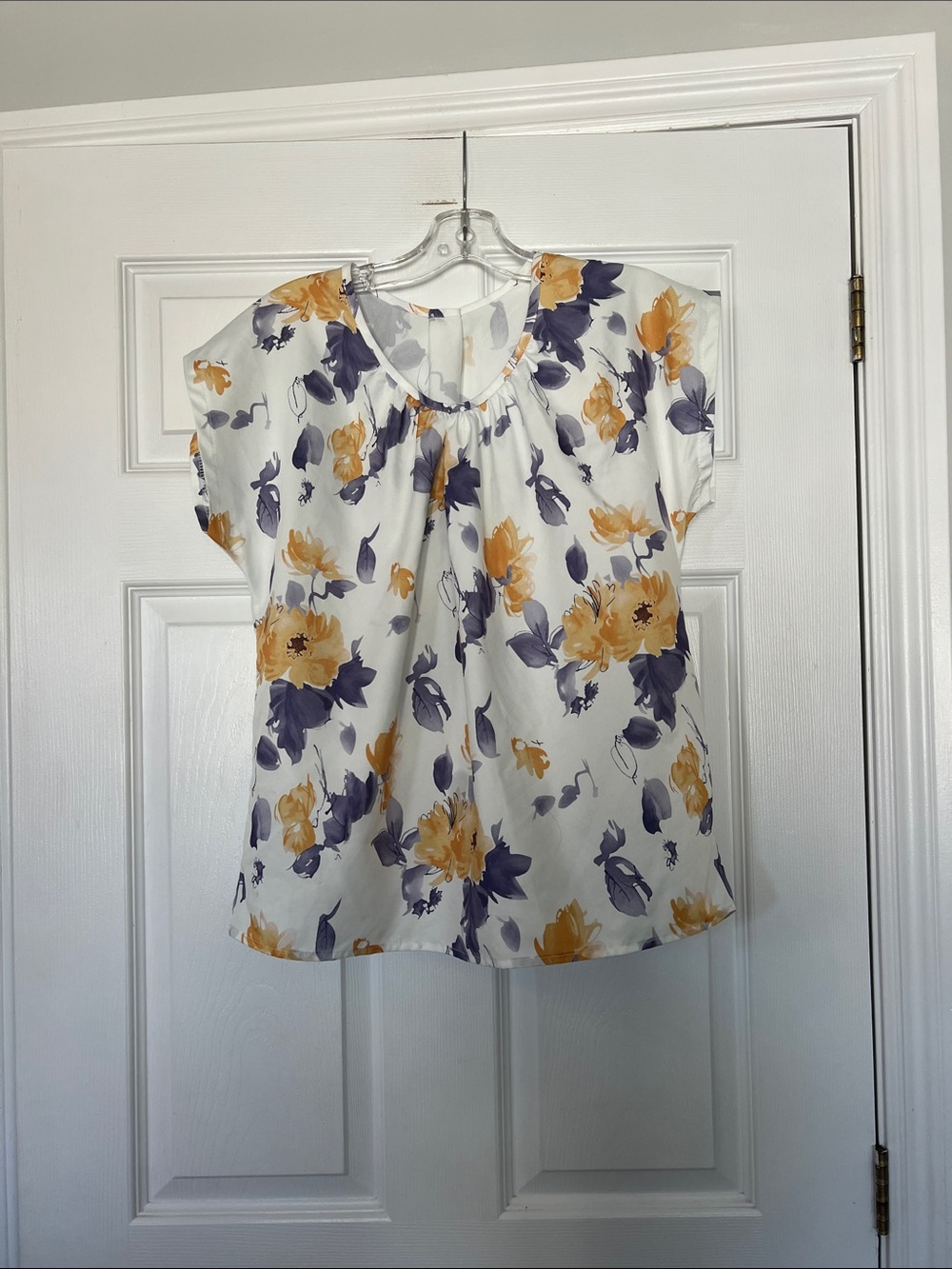 Women's White Floral Cap-Sleeve Blouse with Yellow & Purple Flowers